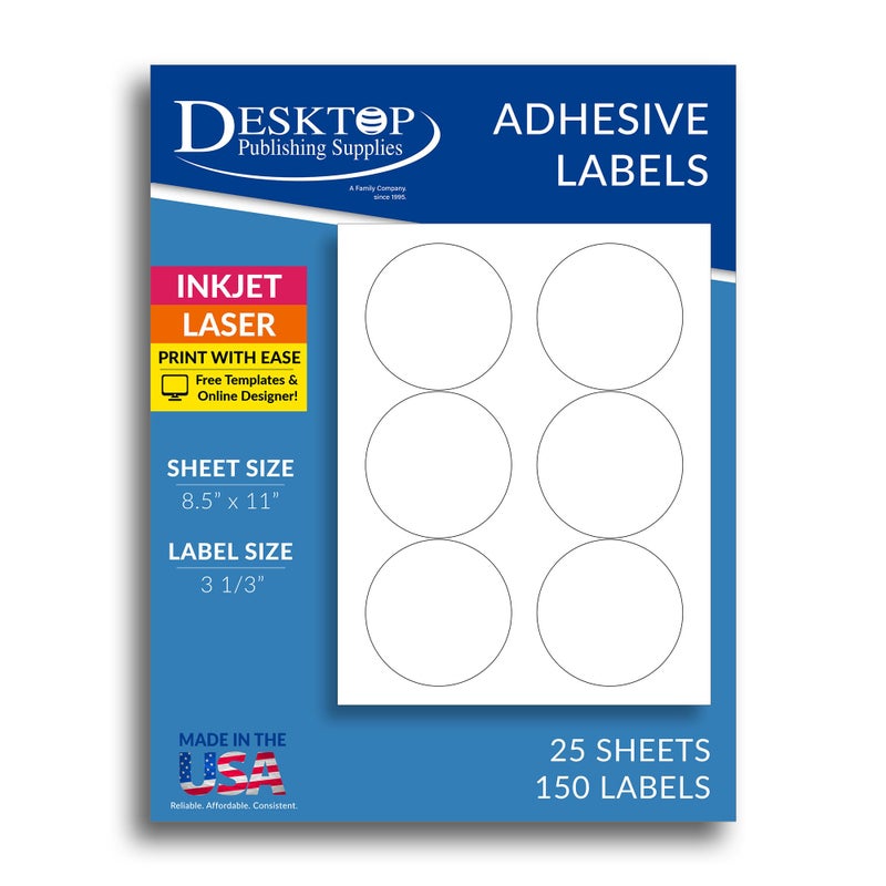 Desktop Publishing Supplies 150 ملصق دائري كبير أبيض 3 1/3" - 25 ورقة (6 لكل صفحة) - لطابعات الحبر والليزر - Image 1
